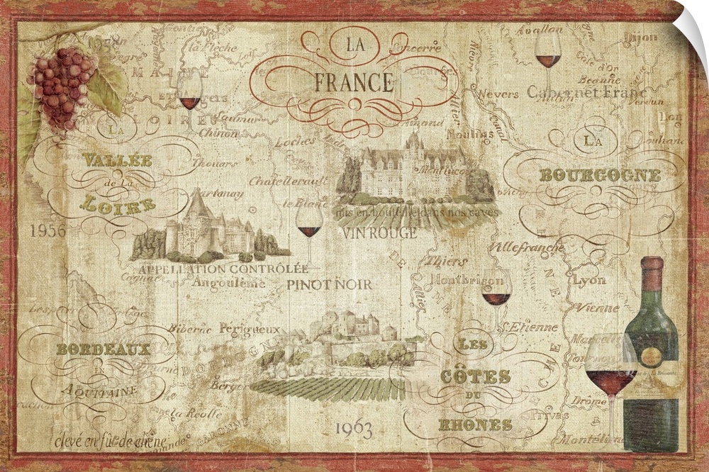 Landscape, large docor wall art of a French wine map.  Various text lists different types of wine and places in France, wi...