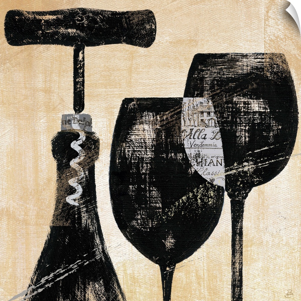 Contemporary painting of wine bottles, a corkscrew and wine glasses.