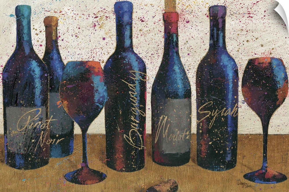 Painting of five bottles of wine and a couple of wine glasses, with paint platters for added effect.