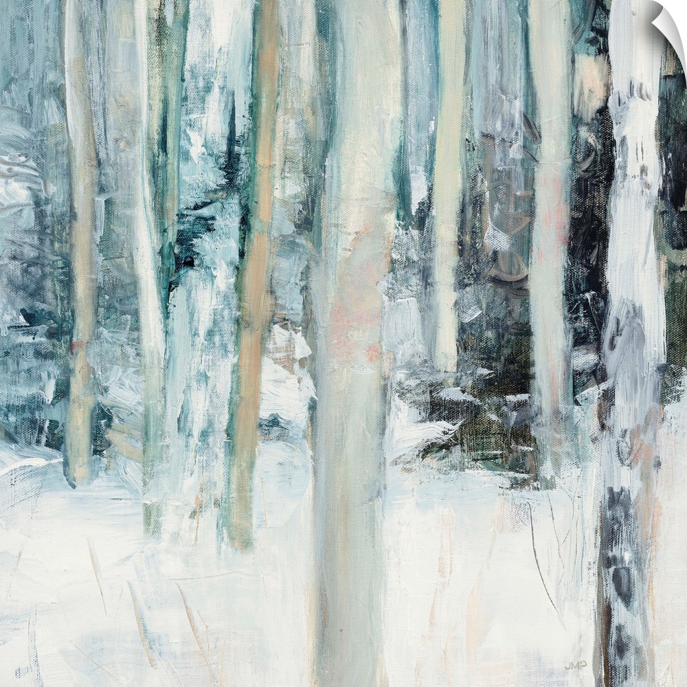 Square abstract painting of birch trees in the woods covered in snow with cool tones.