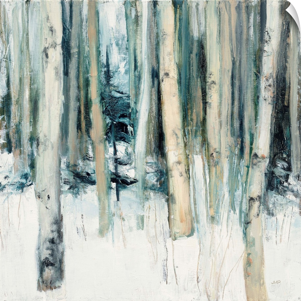 Square abstract painting of birch trees in the woods covered in snow with cool tones.