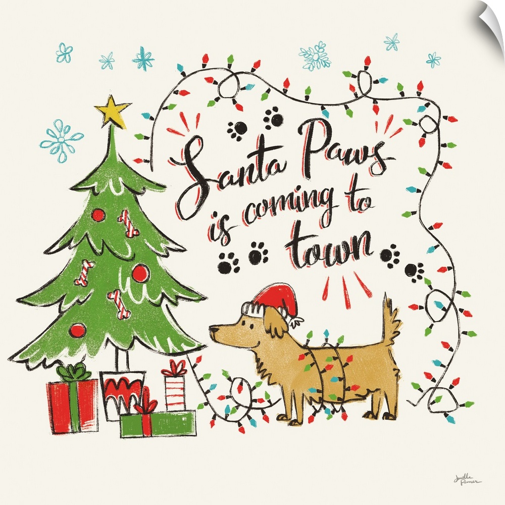 "Santa Paws is coming to town" with a decorative holiday design of a dog wearing a Santa hat with a Christmas tree and lig...