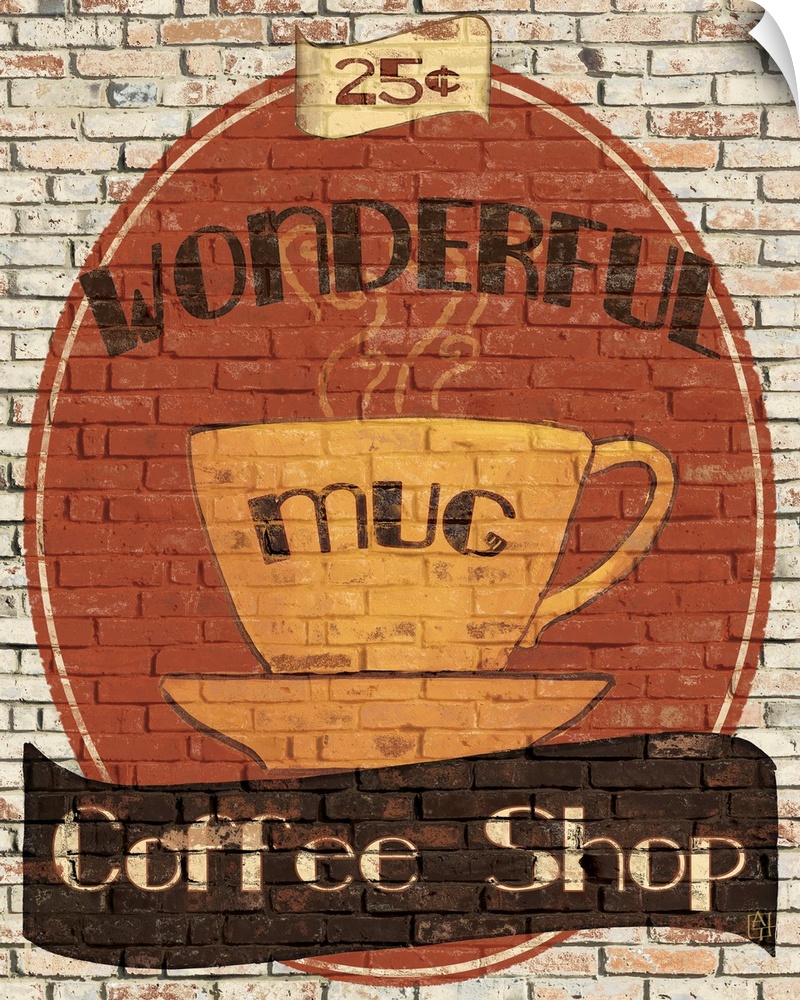 Digital art that depicts an old type coffee shop ad on the side of the brick building with a coffee mug with steaming coff...