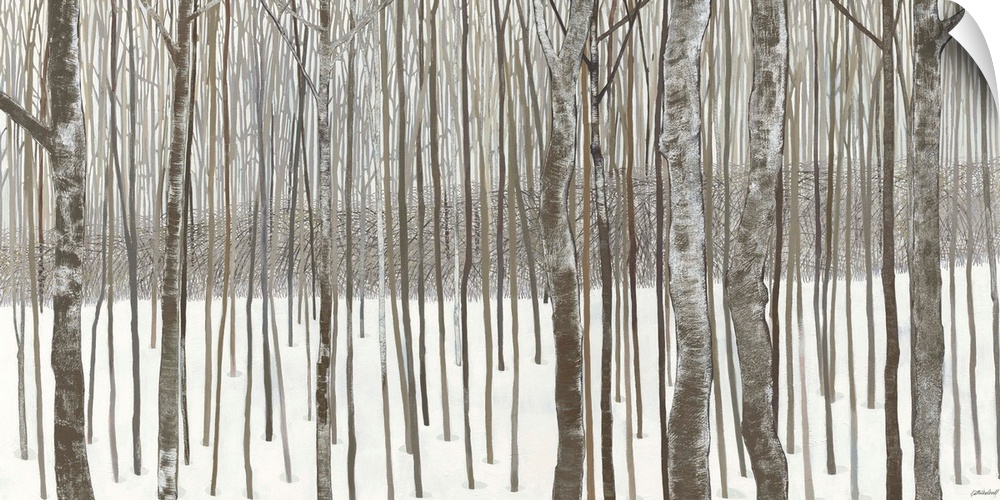 Contemporary painting of a forest of thin trees in the winter.