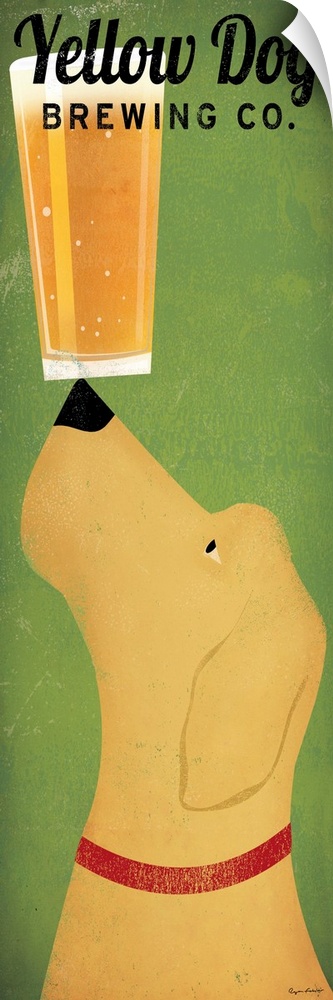 Vertical panoramic advertising painting with dog balancing a cup of beer on the tip of his nose.
