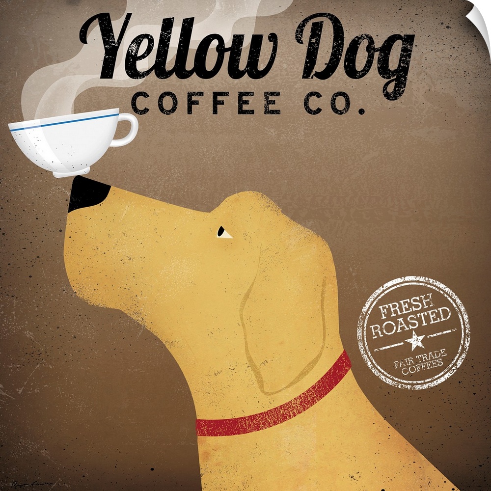 Image of dog balancing coffee cup on nose with text.  The coffee cup is steaming.