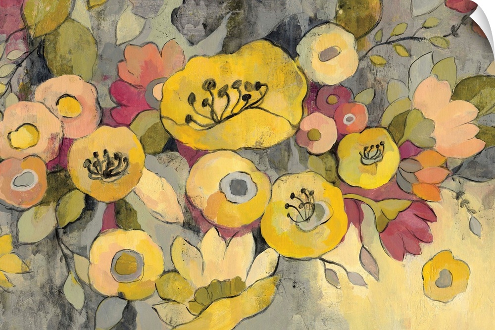 Painting of a bouquet of yellow poppies and daisies.