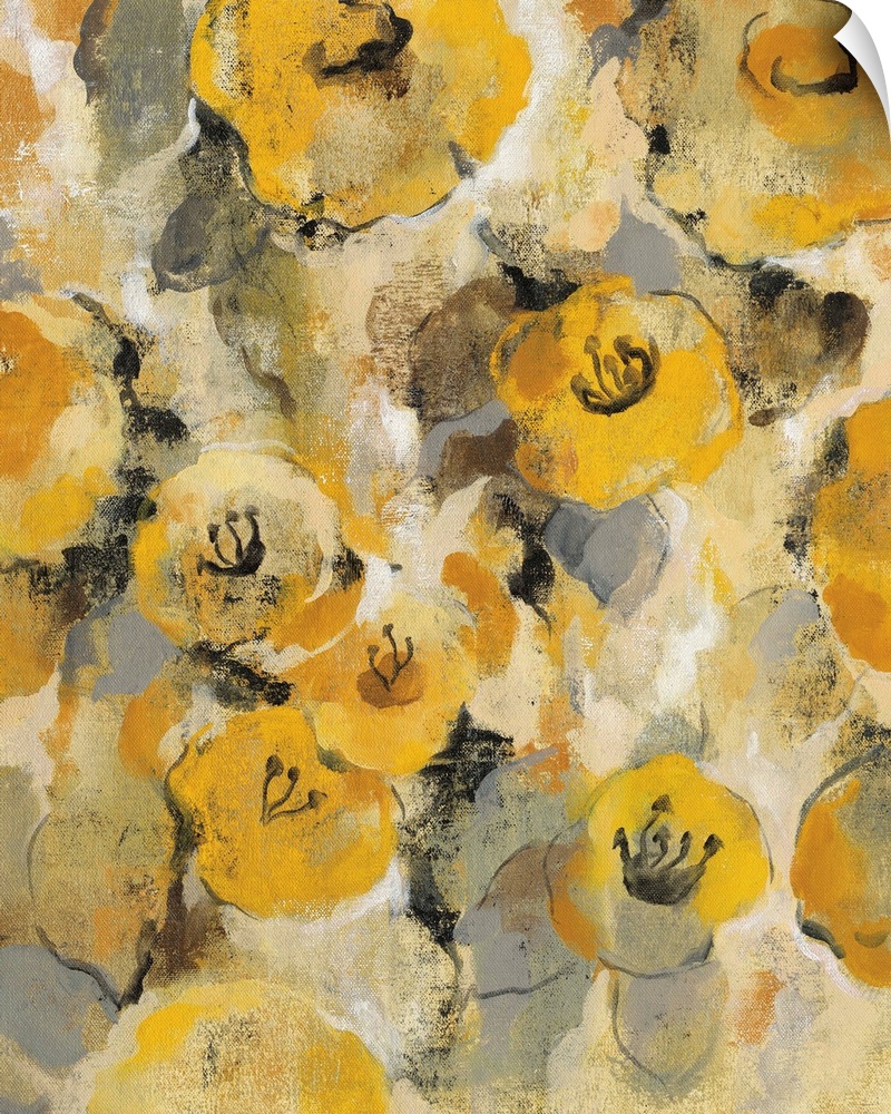 Contemporary painting of several golden flowers.