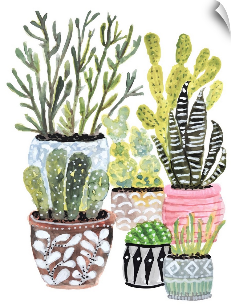 A simple grouping of pretty ceramic pots holding a variety of succulent plants. A contemporary painting with a feminine bo...