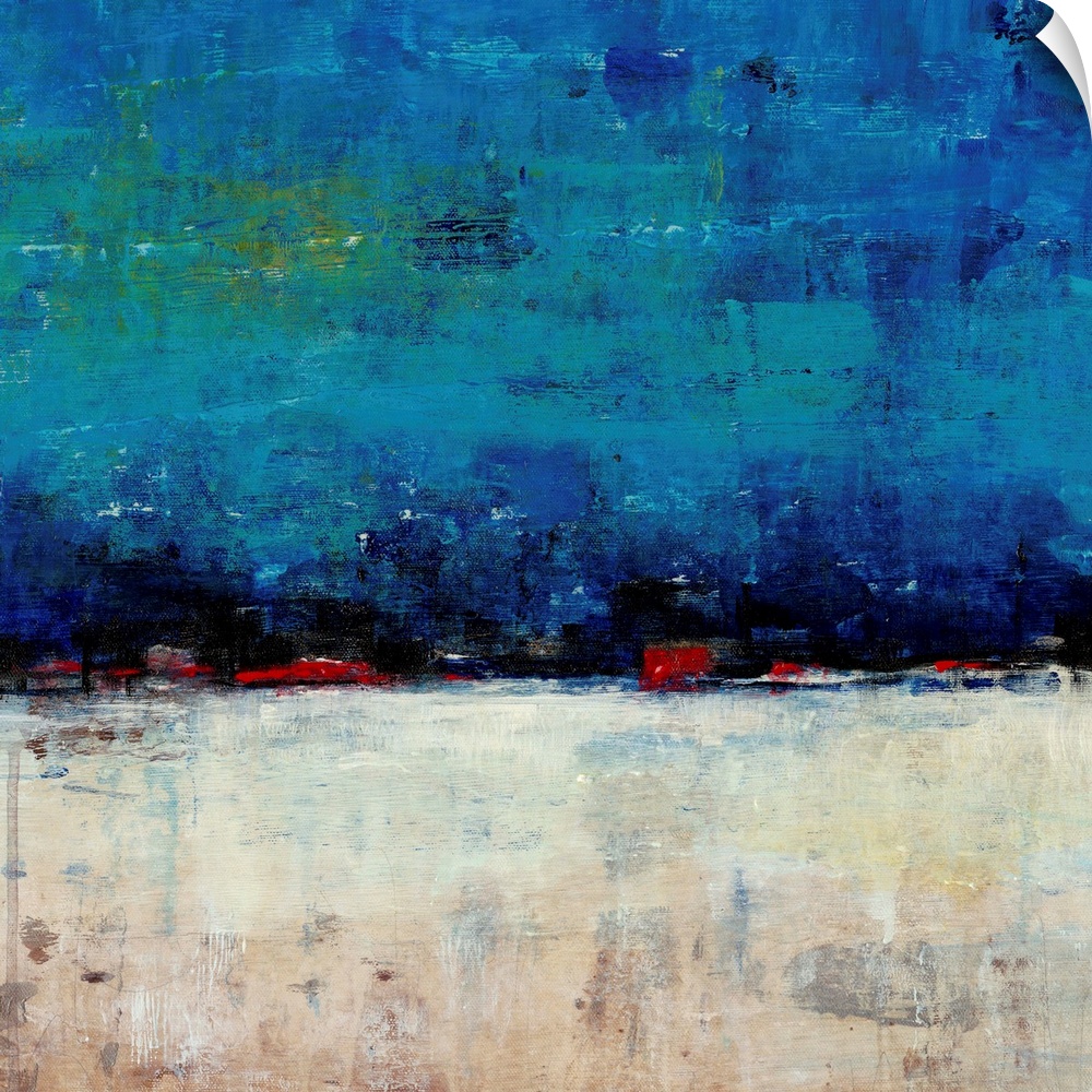 Contemporary abstract painting resembling a white landscape under a deep blue sky.