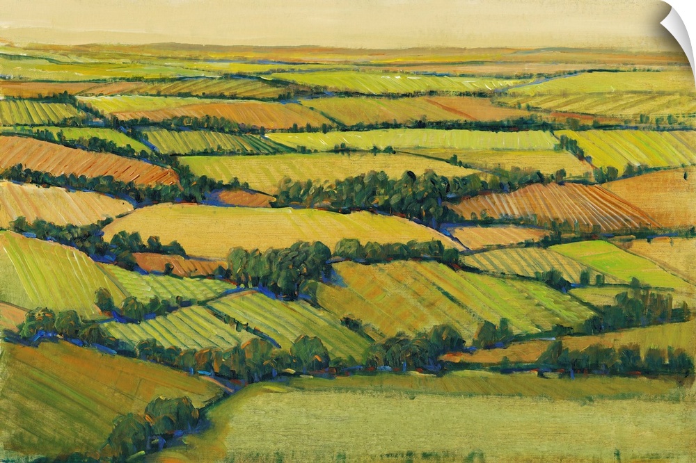 Contemporary landscape painting of verdant farm fields.