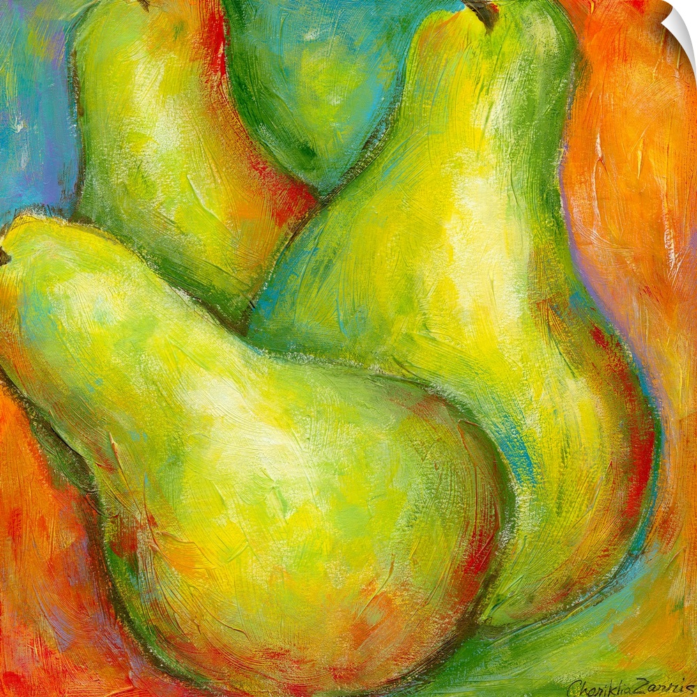 Up-close painting of three pears with a colorful abstract background.