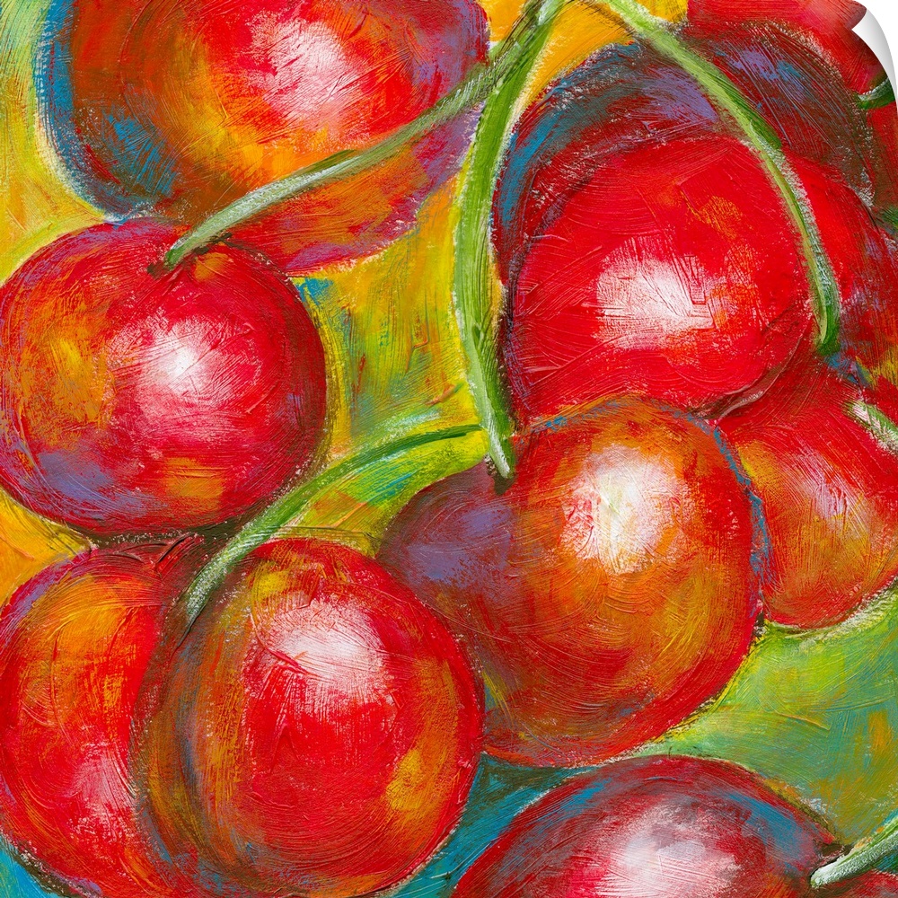 Food painting of plump red cherries bunched together with long green stems.