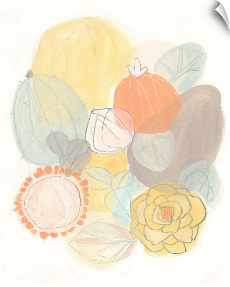 Contemporary pastel painting of abstract succulents in pale blue, yellow, and orange.