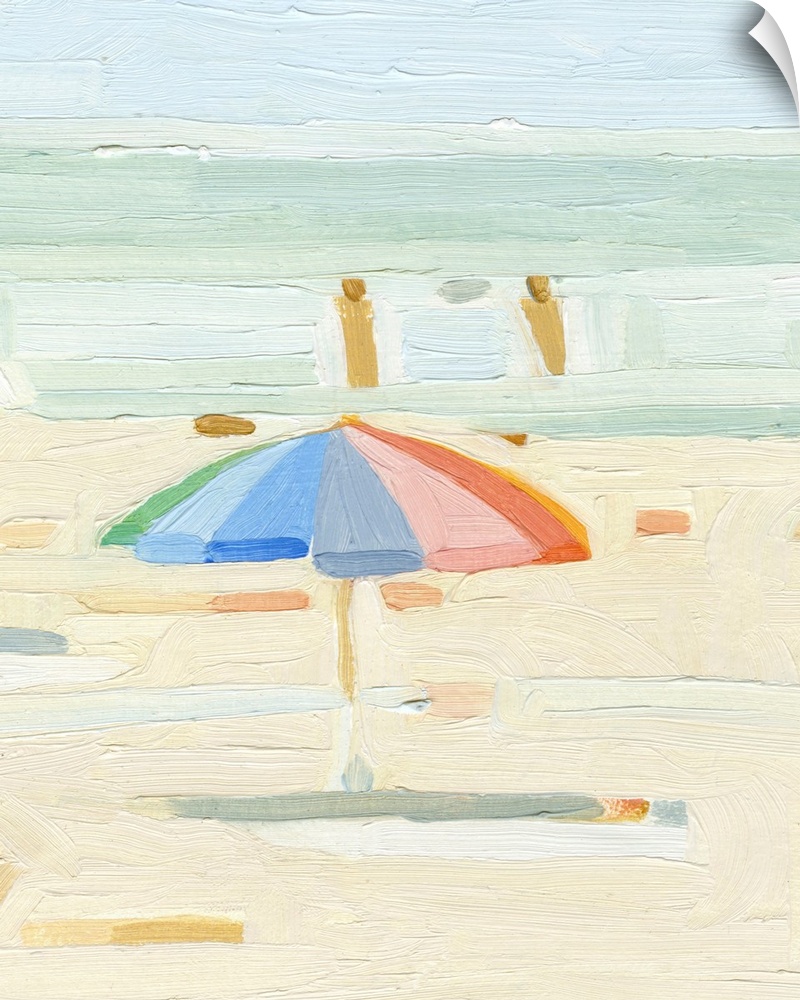 A contemporary acrylic painting of a single colorful beach umbrella, painted in a very abstracted style with thick brush s...