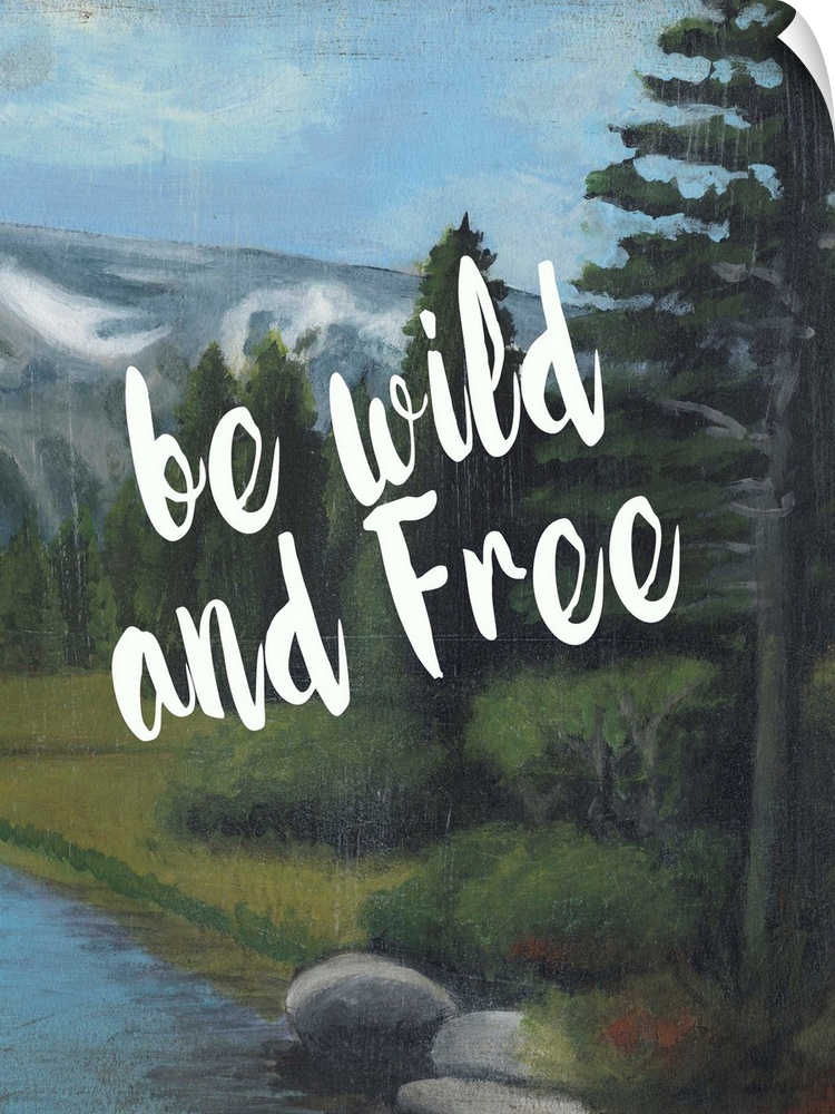 White handlettered text reading "Be wild and free" over a painting of a mountain landscape.