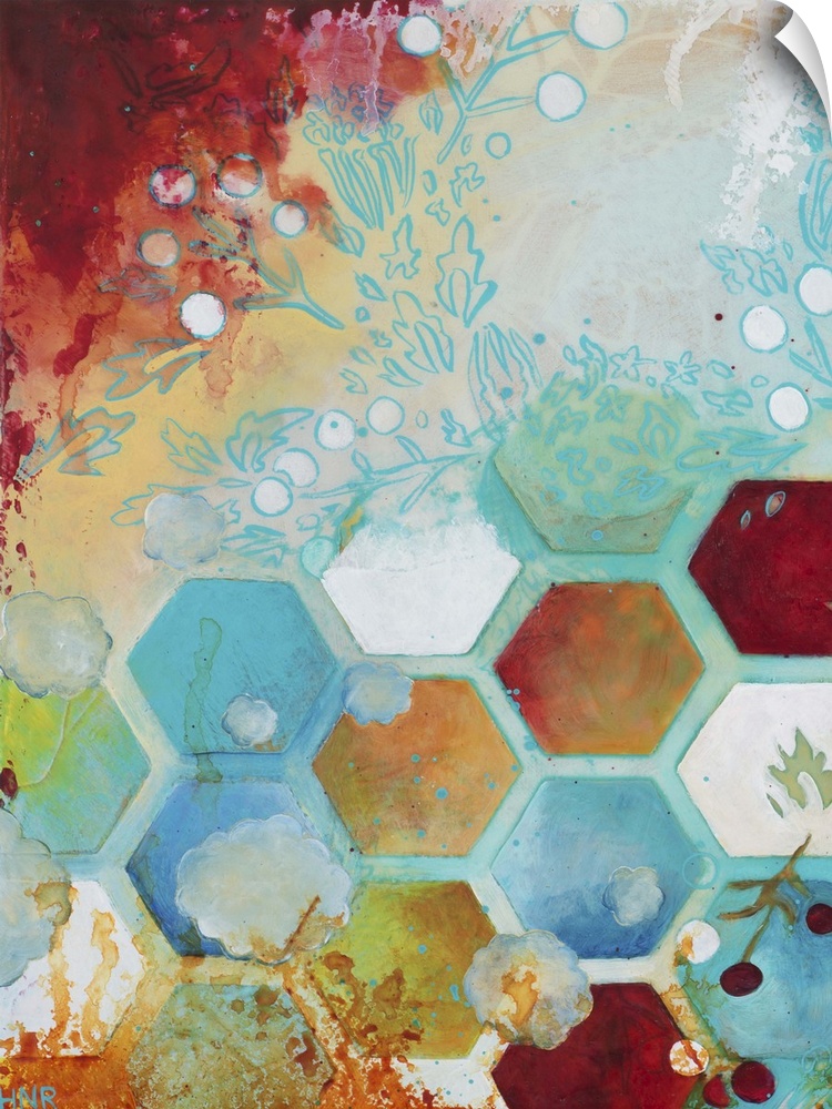 Abstract artwork in shades of turquoise and orange with a geometric hexagon pattern and floral elements.