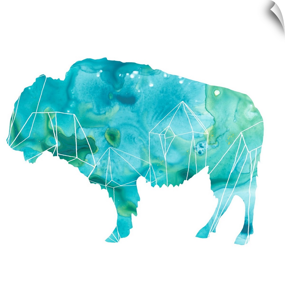 Contemporary silhouette of a bison filled with an agate-like pattern in blue and green.