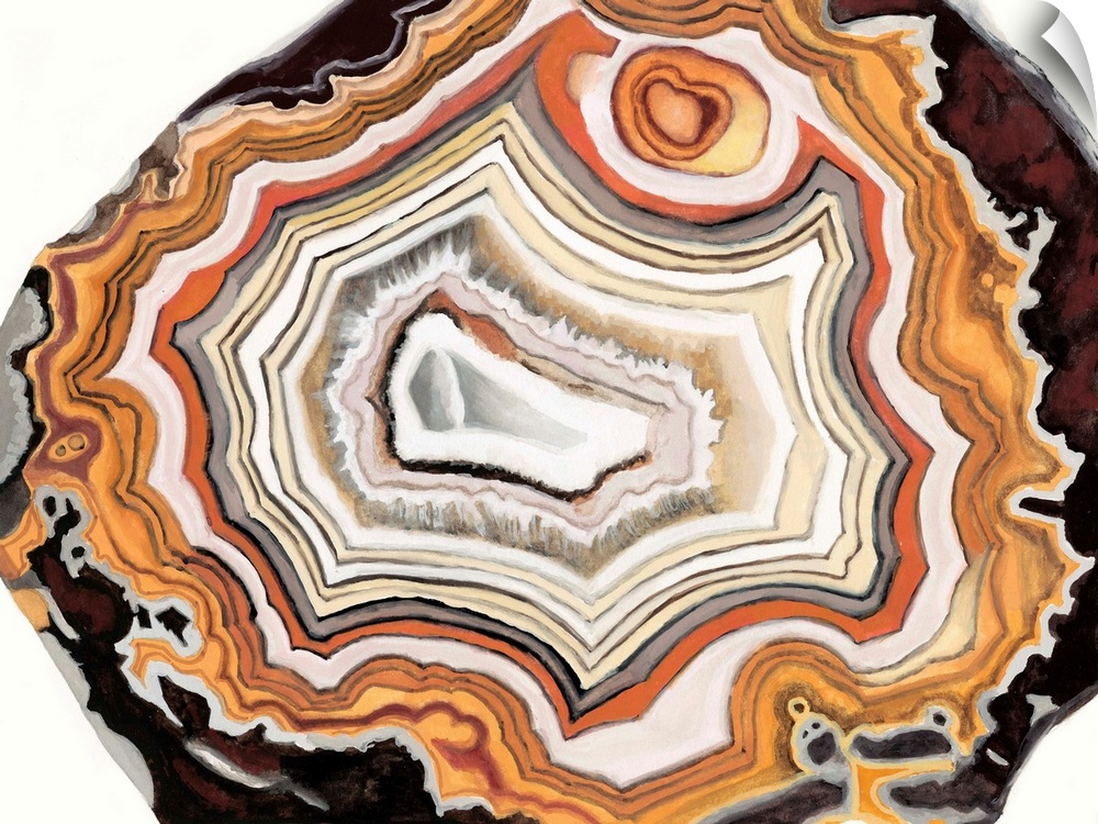 Contemporary painting of a cross section of mineral agate in bright orange.
