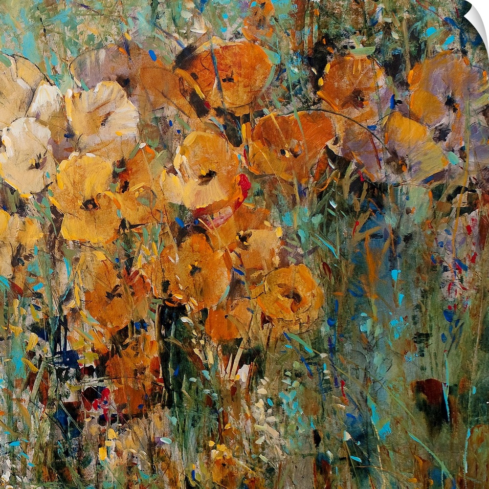 Large floral art focuses on an arrangement of flowers sitting in the wild.  Artist uses a wide spectrum or colors to creat...