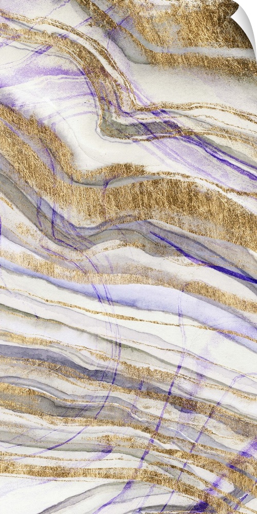 Contemporary abstract artwork of layers of purple and gold, resembling sediments in stone.