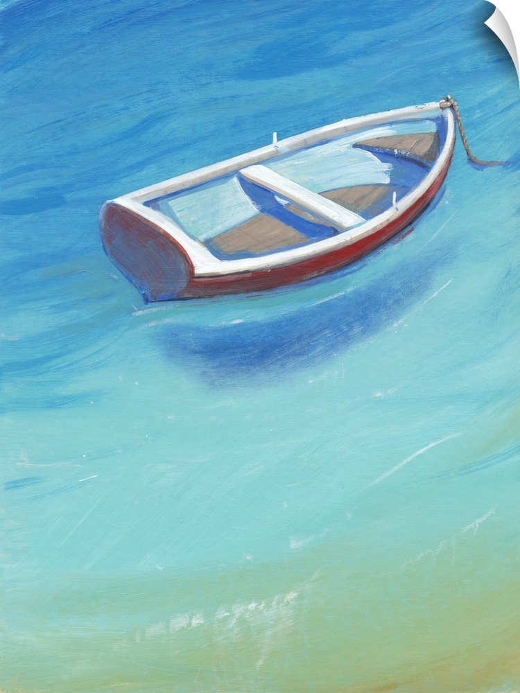 A quaint, little white and red boat anchored in brilliant, calm blue water.