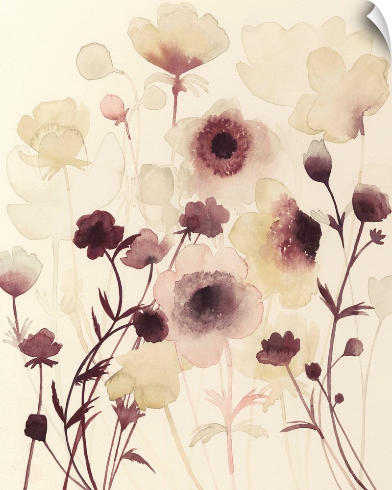 Contemporary watercolor painting of  soft dark purple flowers against a cream background.