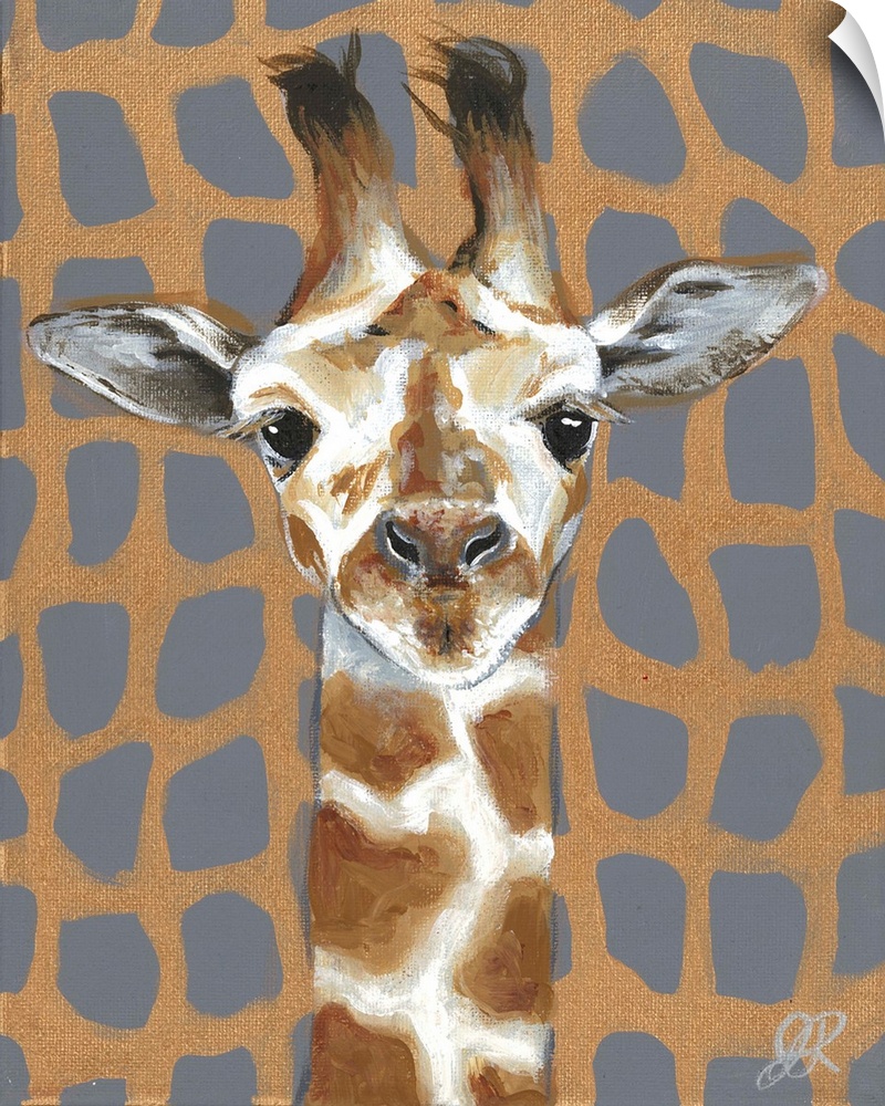 A delightful portrait of a giraffe with a gray and metallic gold giraffe patterned background.