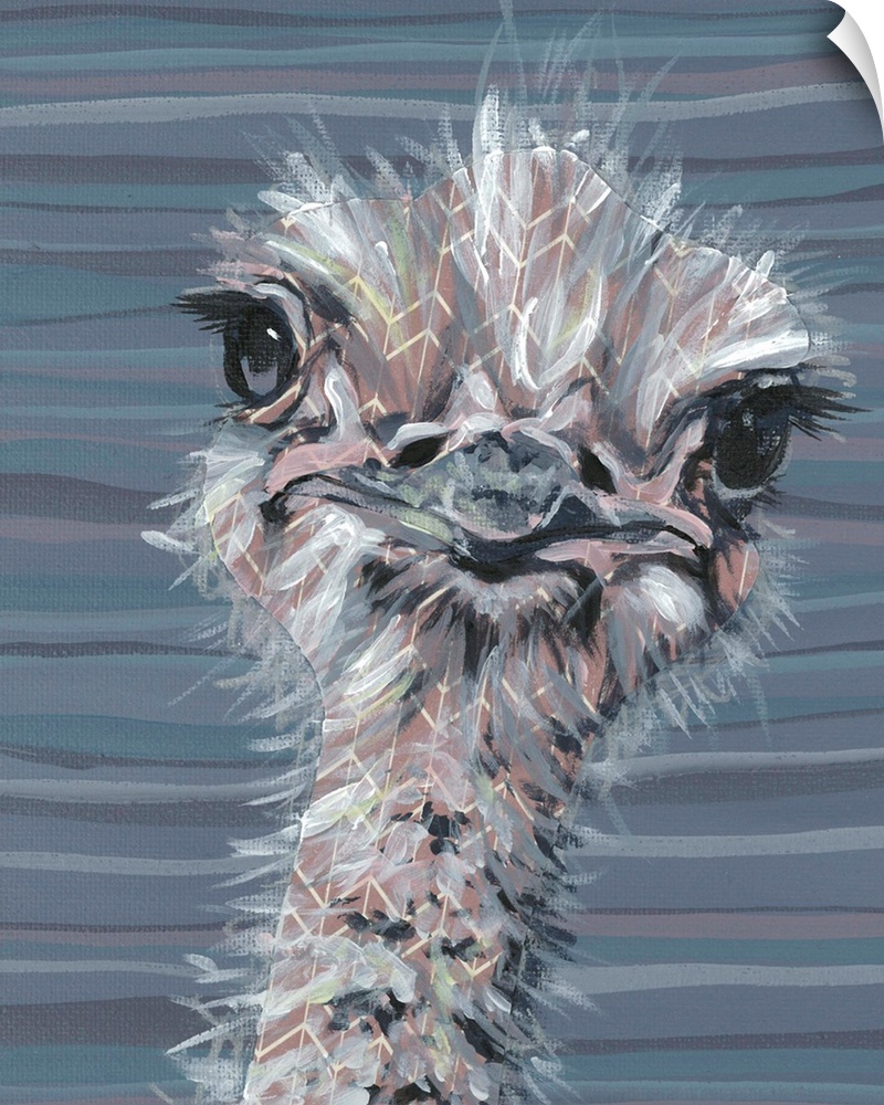 A engaging portrait of an ostrich with a grey, pink and blue striped background.