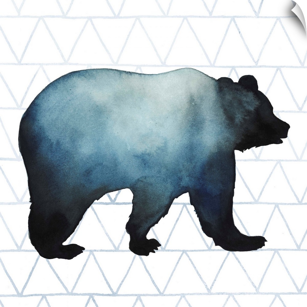 Watercolor bear silhouette on a grey geometric background.