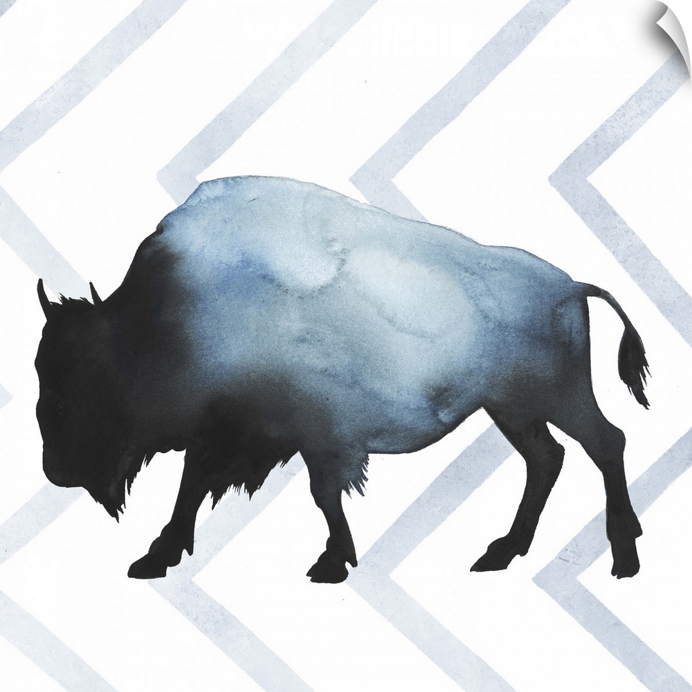 Watercolor bison silhouette on a grey geometric background.