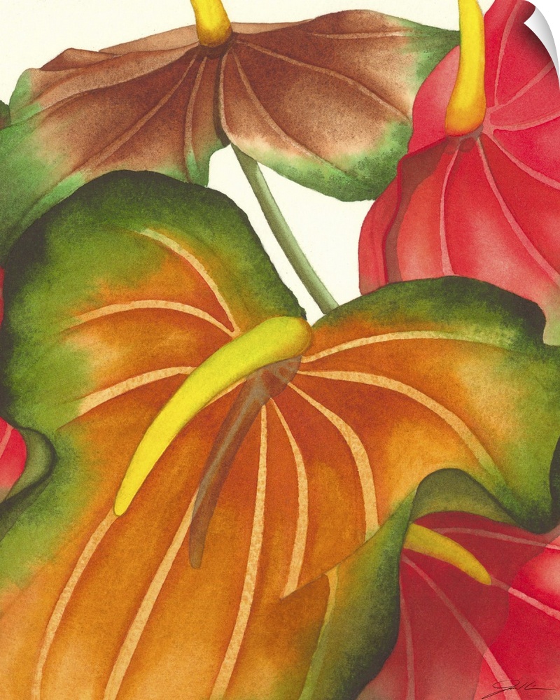 A contemporary painting of colorful tropical plants.