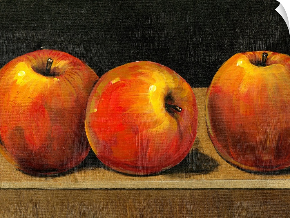 Big still life painting of three apples sitting on a desk on canvas.