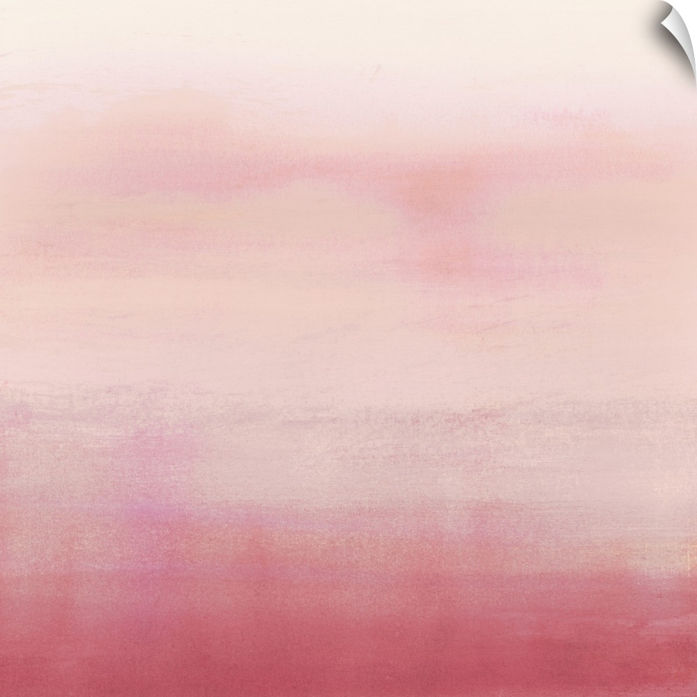 Abstract painting of horizontal brush strokes of pink and orange, with dark shades on the bottom.