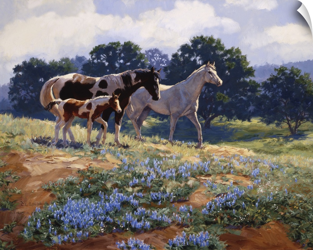 Contemporary colorful painting of a herd of horses in a countryside clearing.