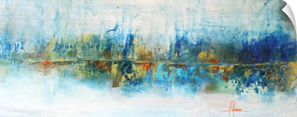 Abstract seascape painting in tropical blue and gold shades.