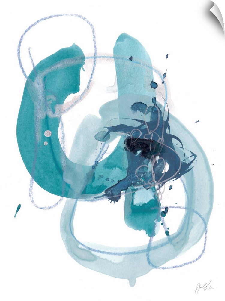 Abstract painting in cool tones of gray and teal with overlaying fine gray and blue lines in circular shapes.