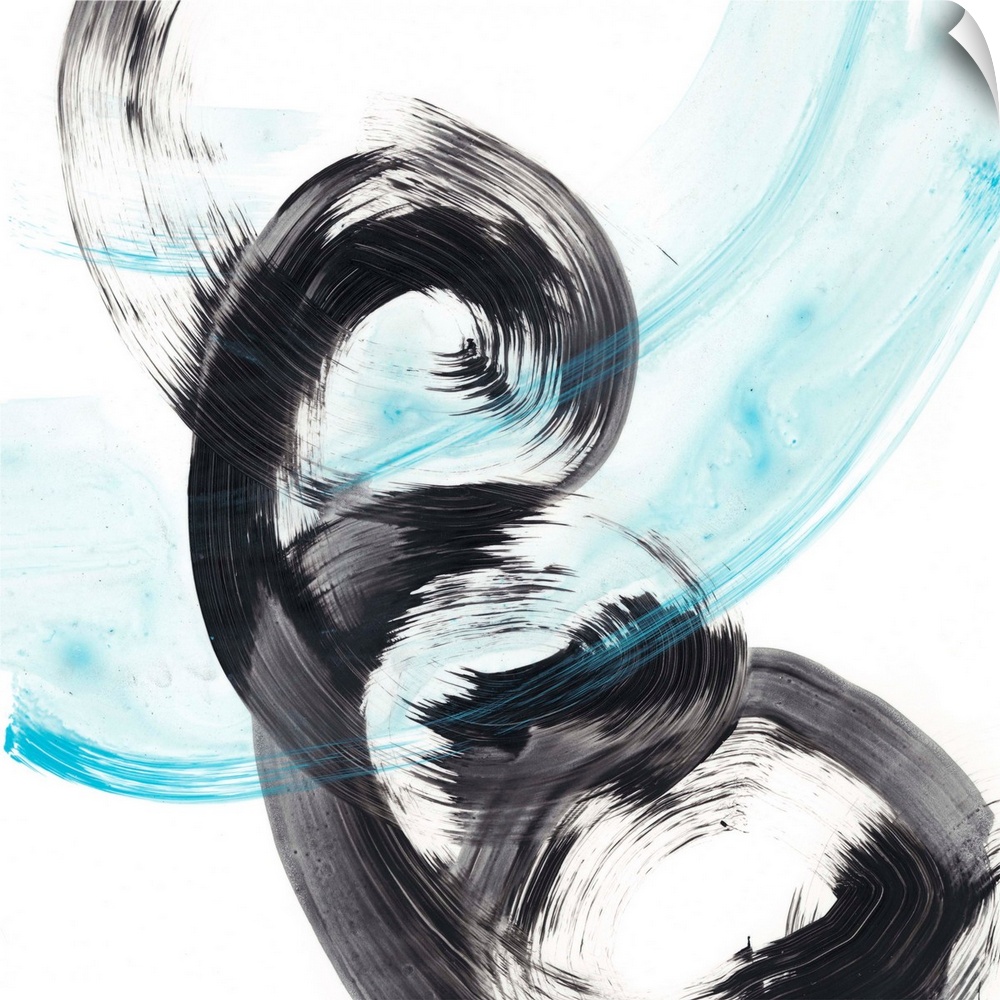 Black and frosty blue spirals make up this dynamic contemporary abstract.