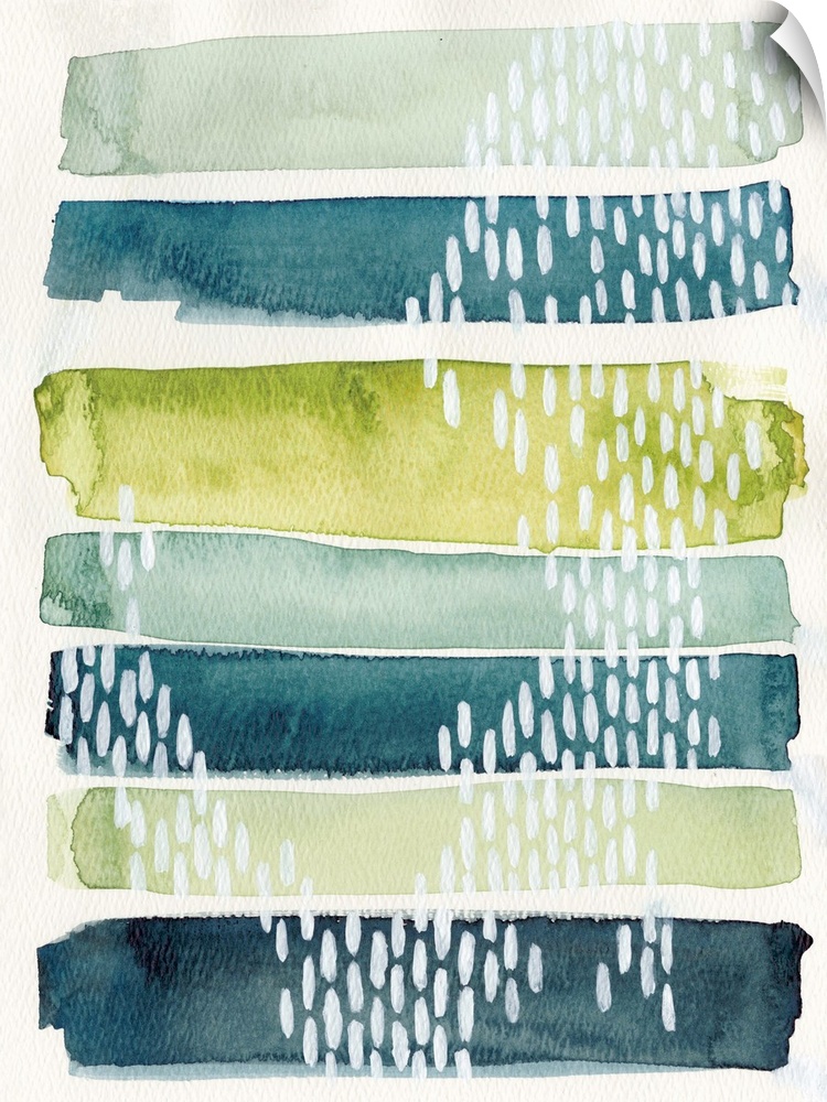 Watercolor abstract painting in blue and green shades, with white patterns.