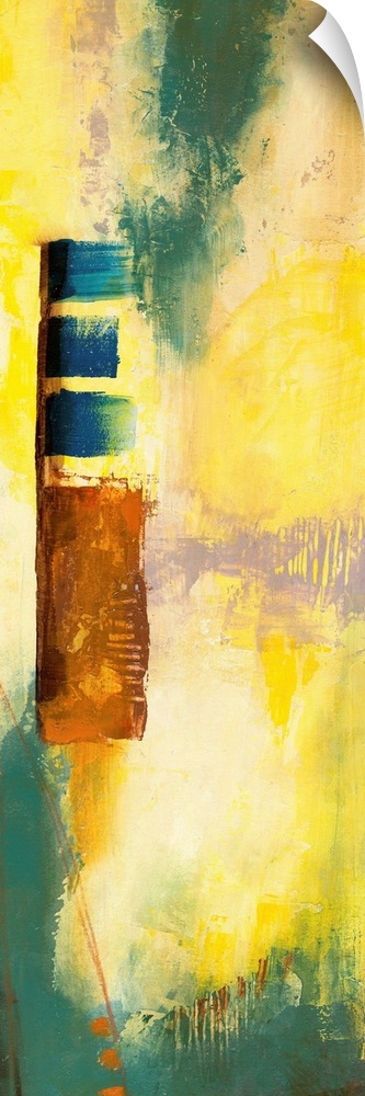 Contemporary abstract painting using bright yellow and dark green.