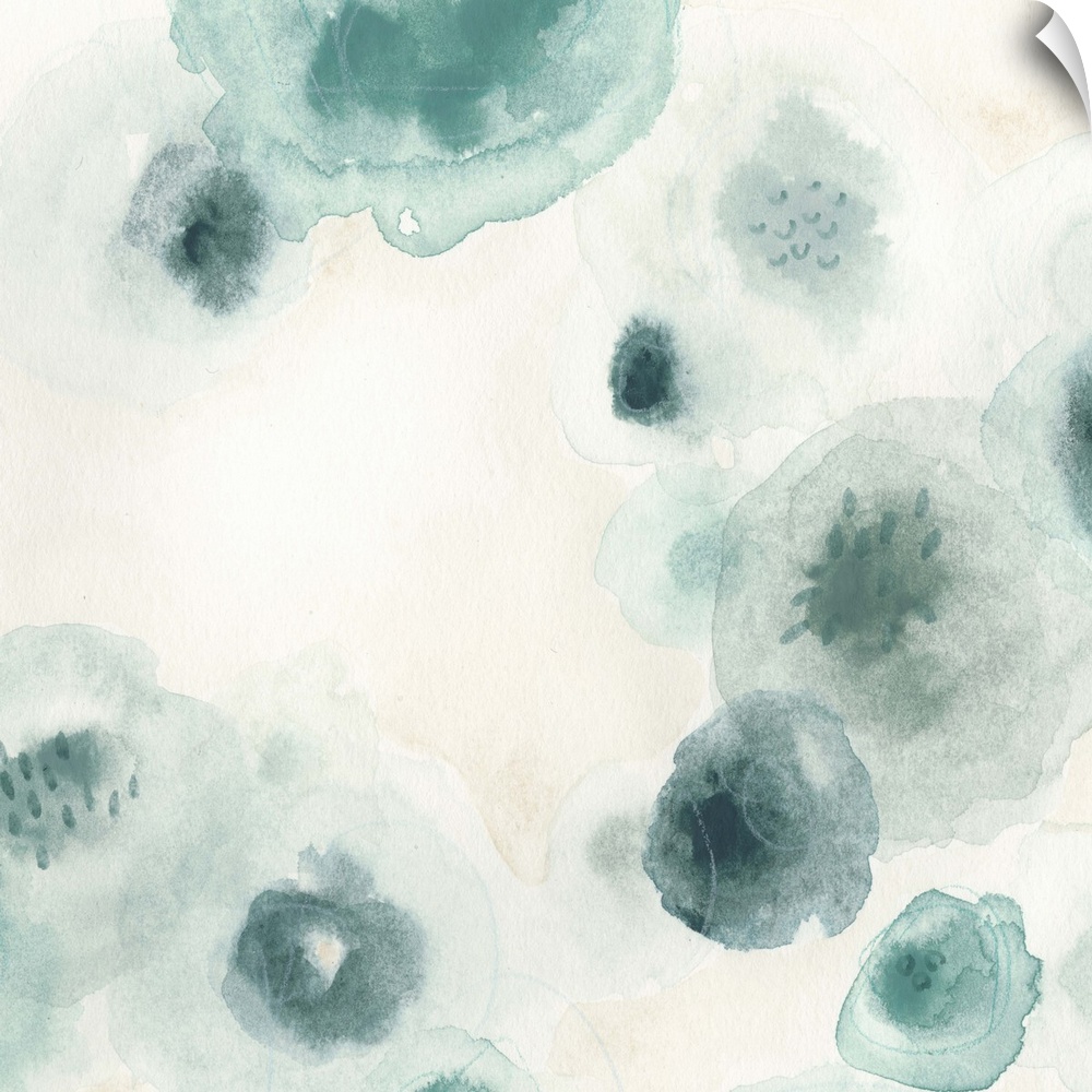 Abstract watercolor floral painting in pale blue and grey.