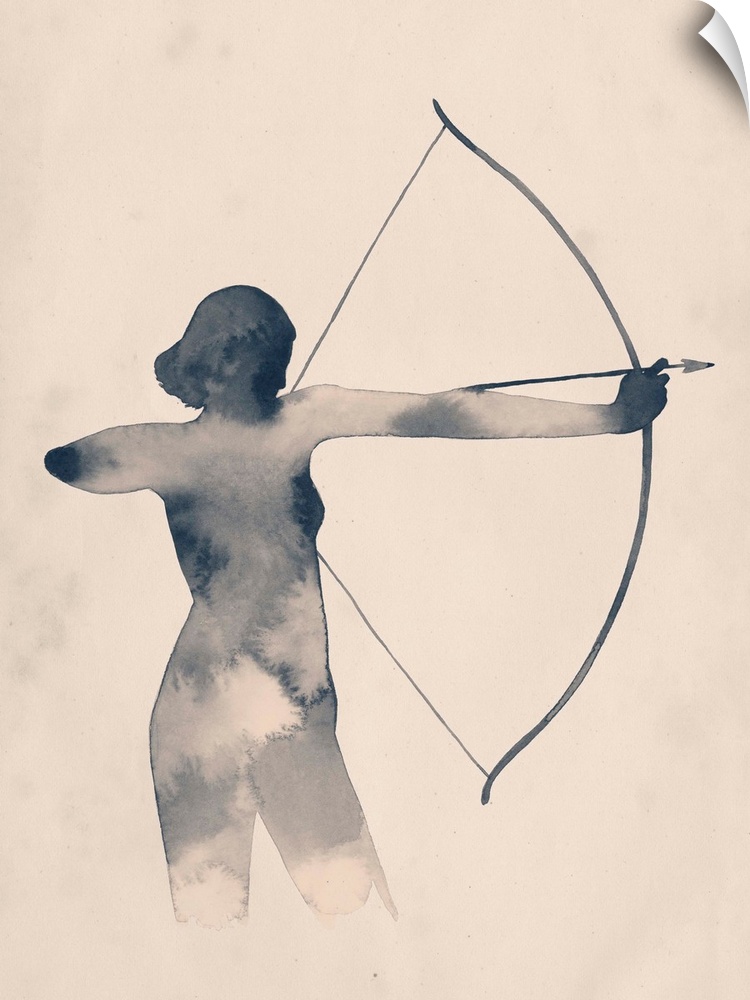 Watercolor silhouette of a female archer.