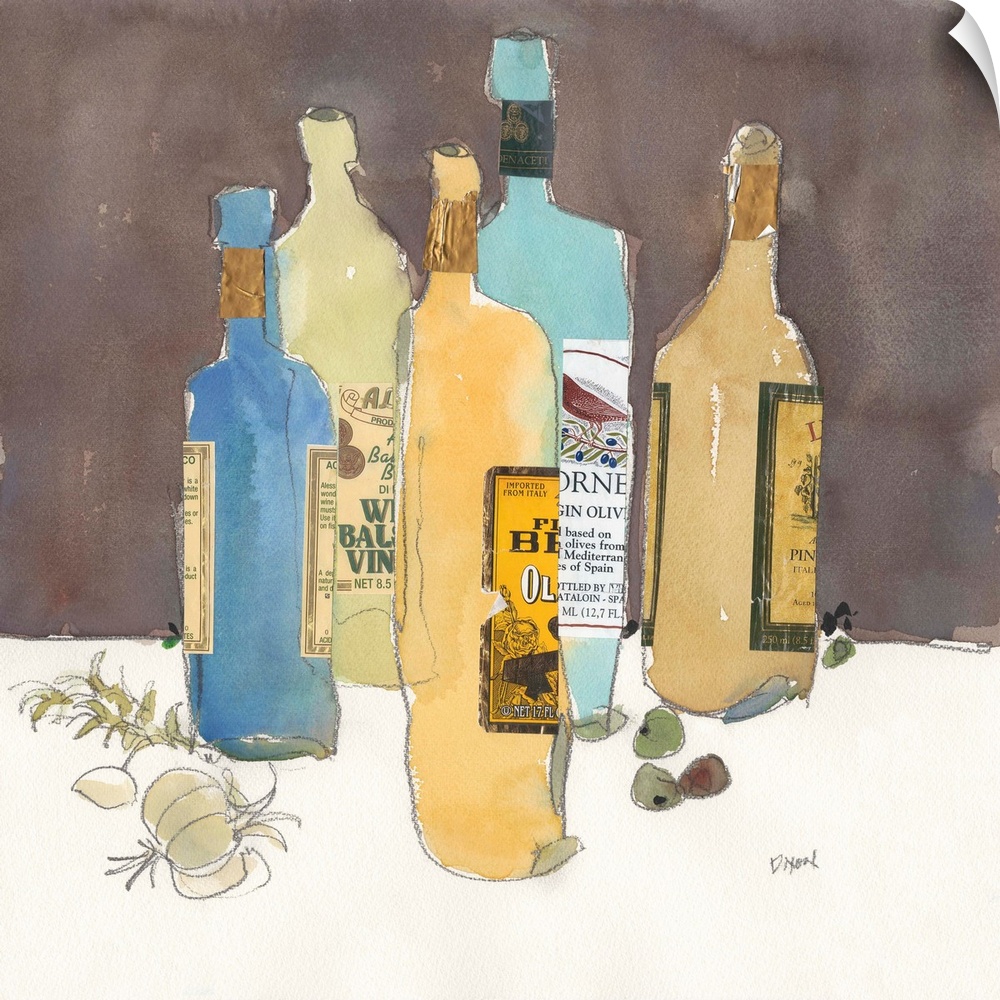 Still life painting of several blue and yellow bottles of olive oil, with garlic and olives.