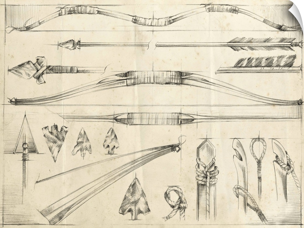 Detailed pencil illustration of several arrows, bows, and arrowheads.