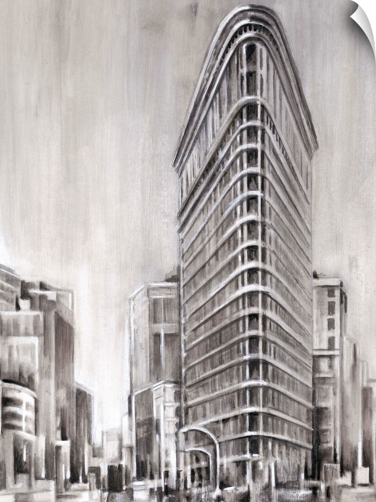Contemporary monotone painting of skyscrapers in New York City, done in an Art Deco style.