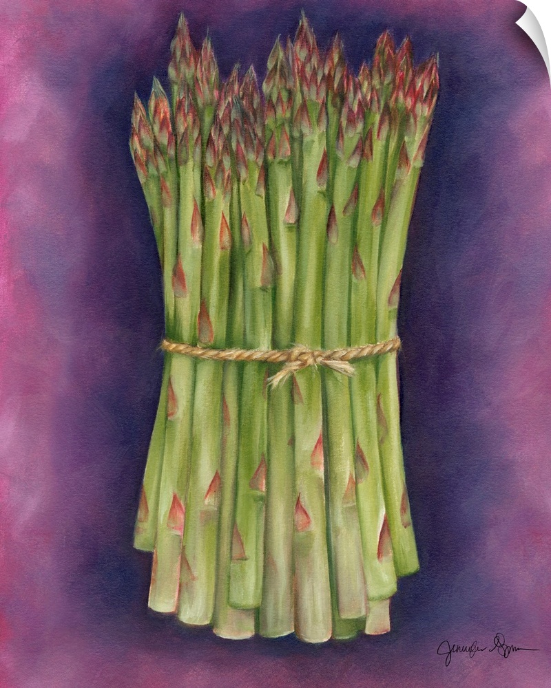 Kitchen wall art by Jennifer Goldberger featuring a bundle of asparagus on a soft painted background.