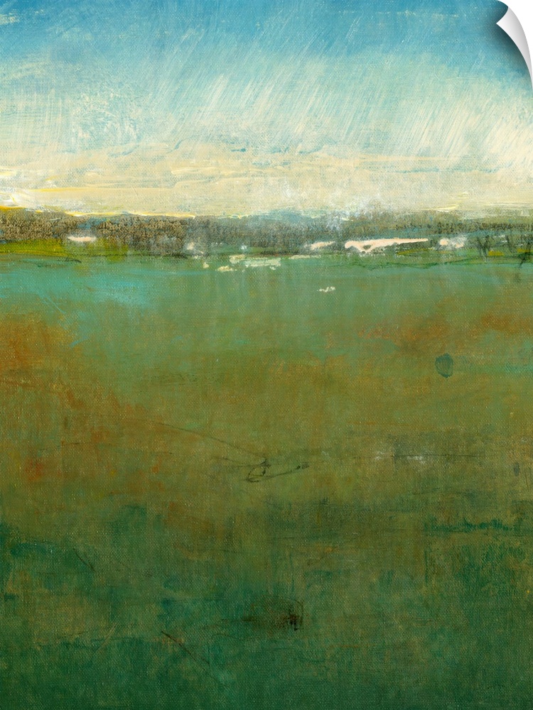 Abstract artwork of a massive field with a cloudy sky painted above it.