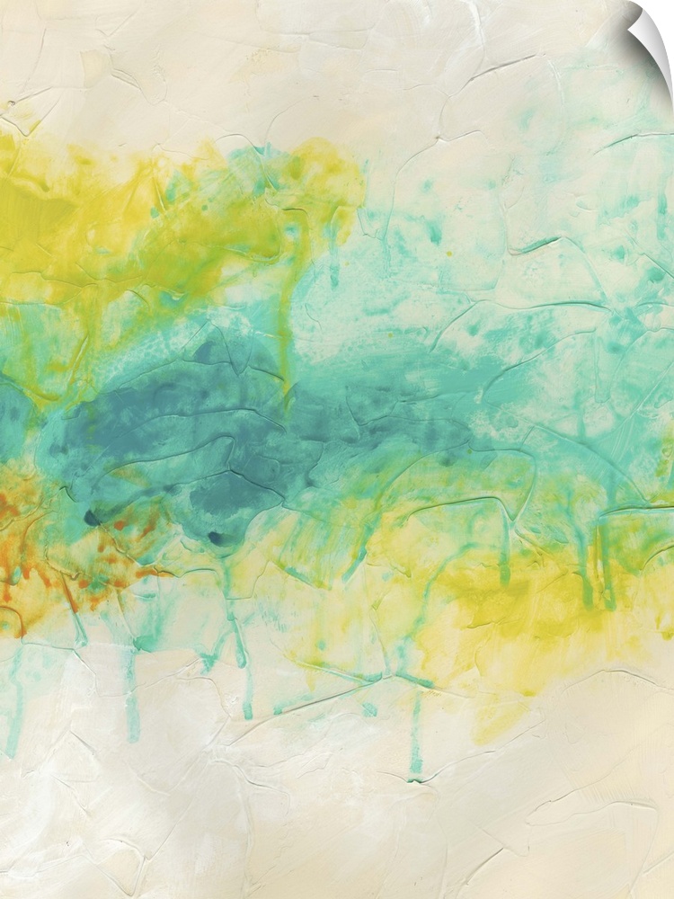 Contemporary abstract painting using brilliant light colors splashed across a neutral background.