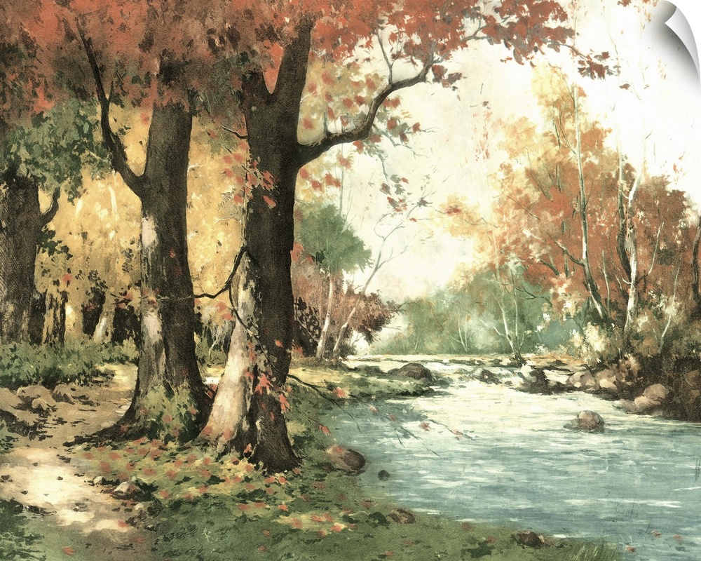 Contemporary artwork of an autumn landscape seen in the foliage of the trees.