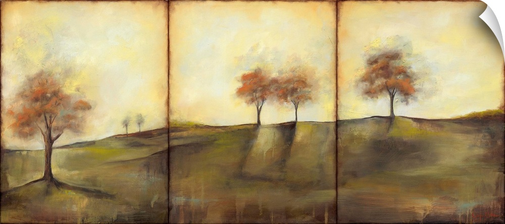 Triptych painting of a countryside meadow in the fall, with small groups of trees.